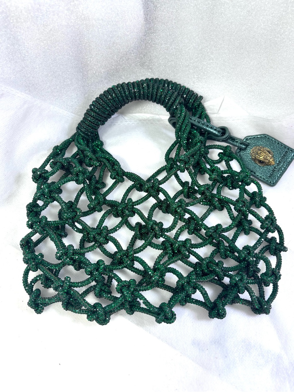 Kurt Geiger London Macrame Crystal Sm Faux Fur Bucket Bag. Open Green.